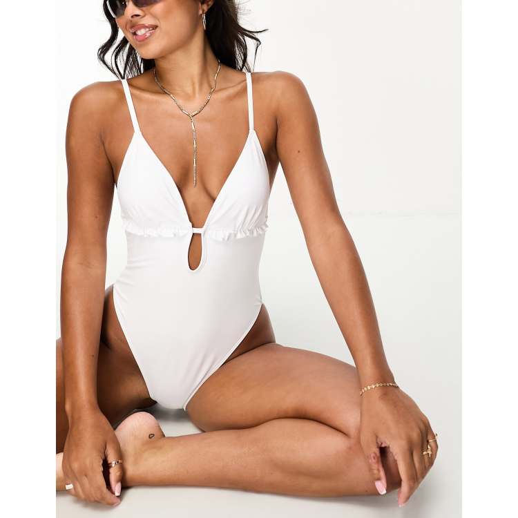 River Island plunge frill swimsuit in white | ASOS