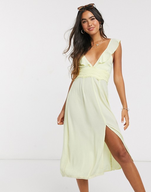 River Island plunge midi beach dress with lace in yellow