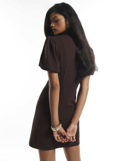 River Island Plunge neck puff sleeve mini dress in brown - dark, 4 of 4