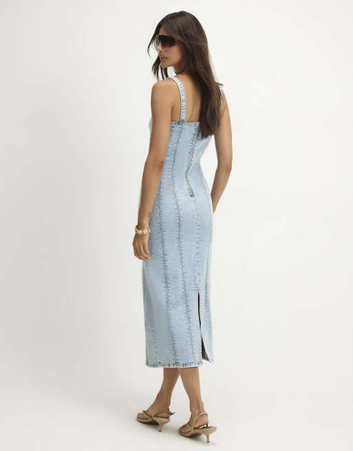 River Island Plunge neckline bodycon denim dress in denim blue, 4 of 4