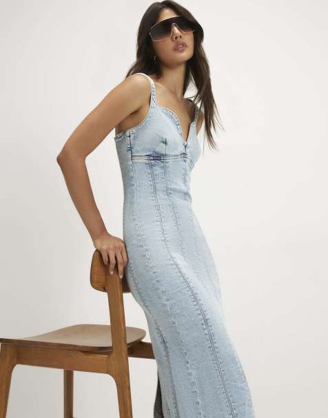 River Island Plunge neckline bodycon denim dress in denim - light - view 1