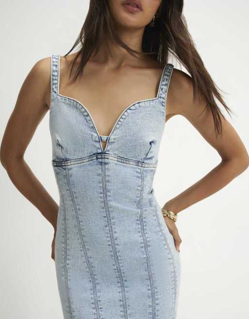 River Island Plunge neckline bodycon denim dress in denim - light, 2 of 4