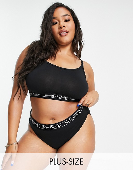 River Island Plus logo tapeband bralet and brief set in black