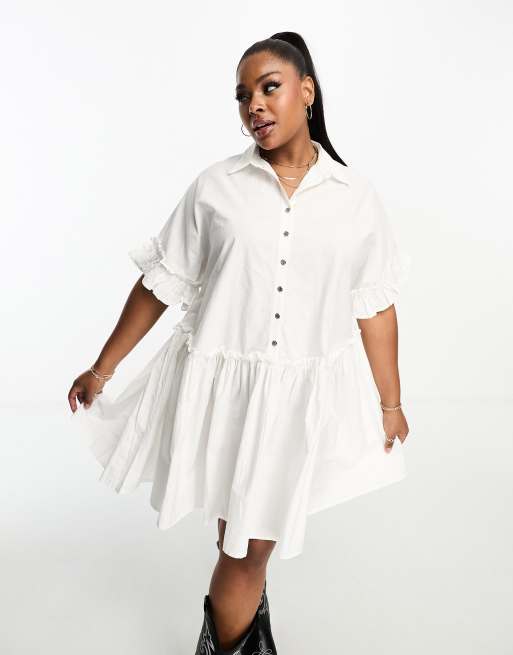 River Island Plus - Aangerimpelde mini-overhemdjurk in wit