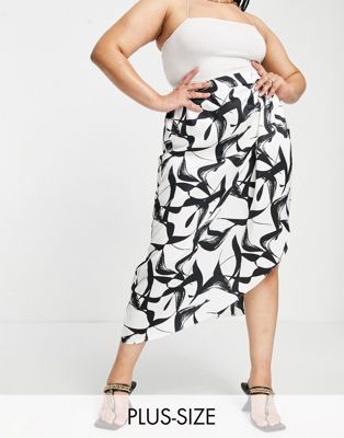 River Island Plus abstract print twist front midi skirt in white