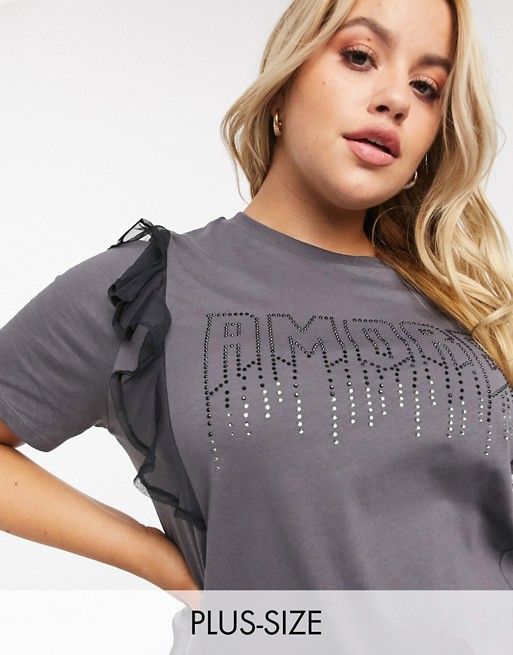 River Island Plus amore slogan frill t-shirt in grey