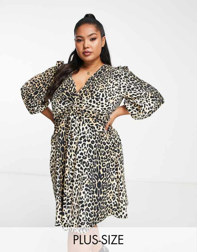 River Island Plus - animal print mini tea dress in brown