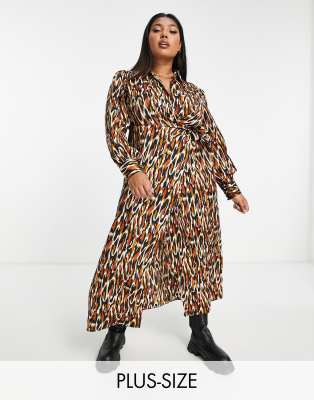 River Island Plus River Island Plus animal print wrap midi dress in brown-Black
