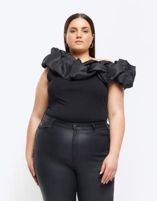 River Island Plus asymmetric off the shoulder top in black