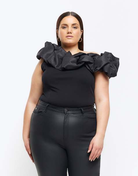 River Island Plus asymmetric off the shoulder top in black - view 1