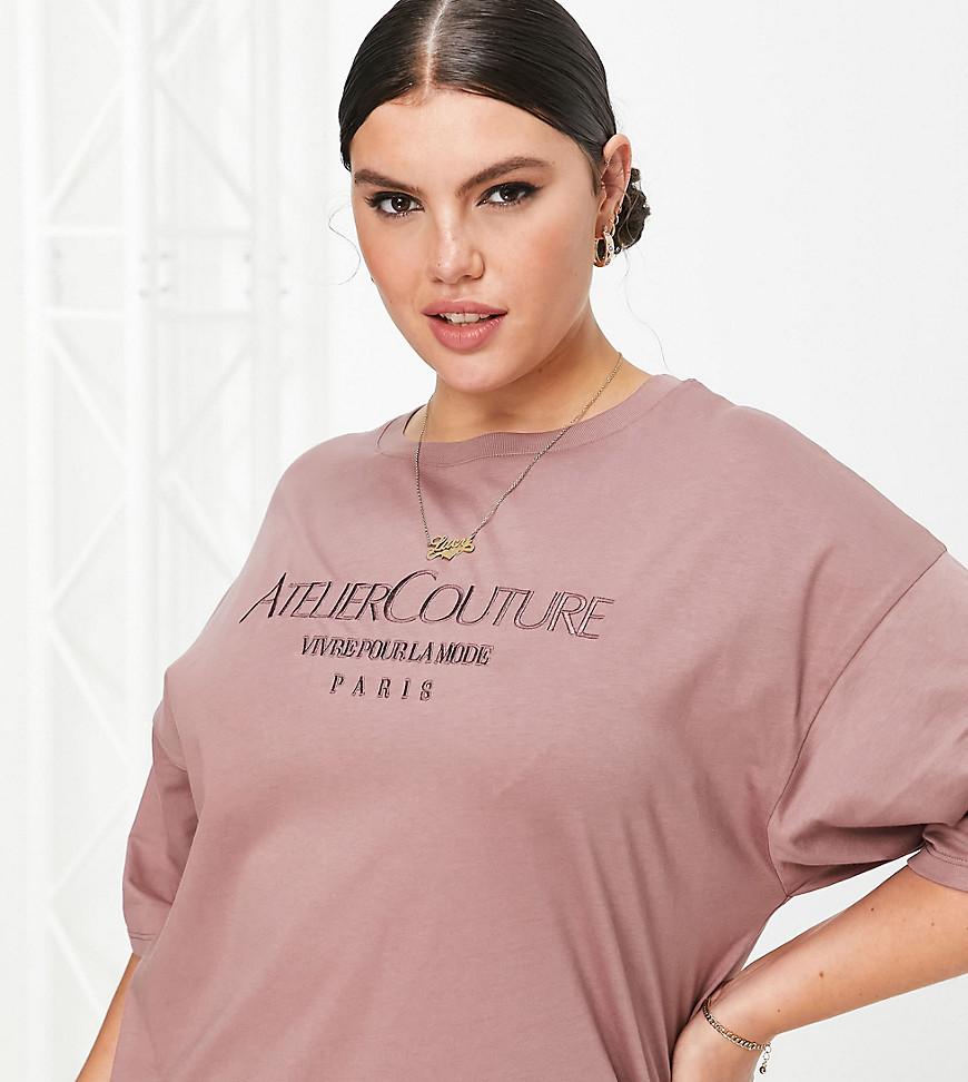 River Island Plus Atelier embroidered slogan oversized t-shirt in brown