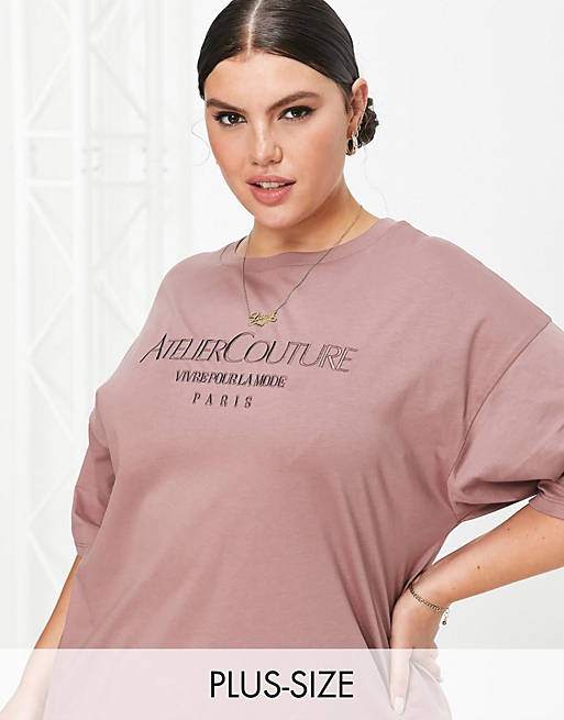 River Island Plus Atelier embroidered slogan oversized t-shirt in brown