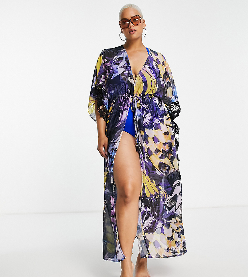 Plus-size beach cover-up by River Island Dreaming of the beach V-neck Drawstring tie waist Lace trims Regular fit