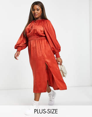 balloon sleeve midi dress in red satin