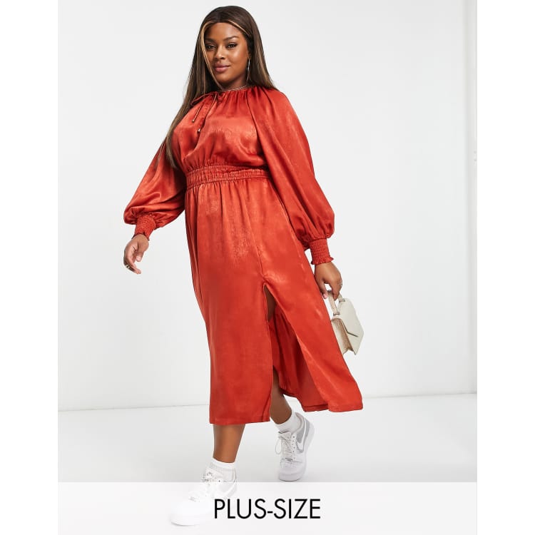 River Island Plus balloon sleeve midi dress in red satin