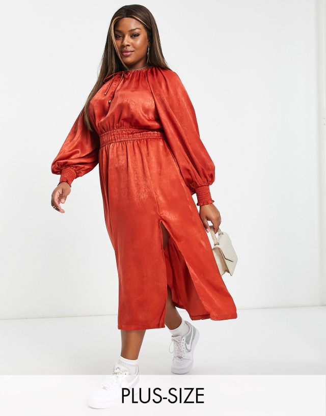 River Island Plus - balloon sleeve midi dress in red satin