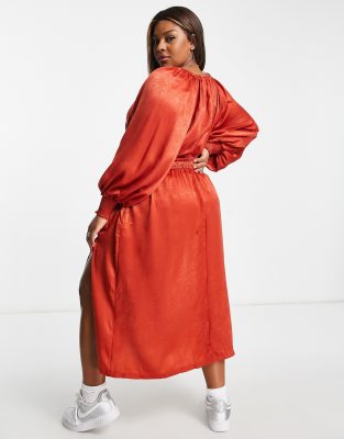 River Island Plus balloon sleeve midi dress in red satin