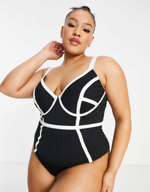 River Island Plus bandage trim swimsuit in black