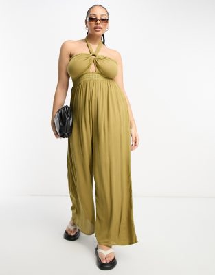 River Island Plus bandeau halterneck beach jumpsuit in khaki