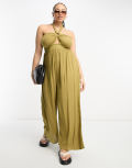 River Island Plus bandeau halterneck beach jumpsuit in khaki-Green