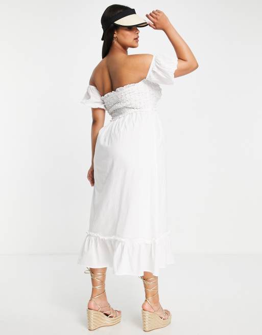 River Island Plus bardot midi beach dress in white, 2 of 4