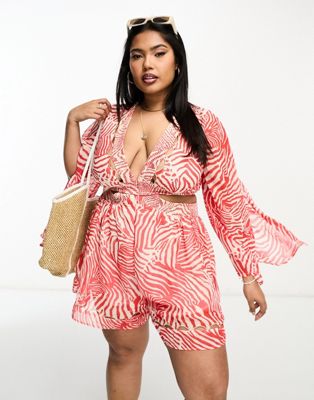 River Island Plus beach playsuit with floaty sleeves in red zebra print