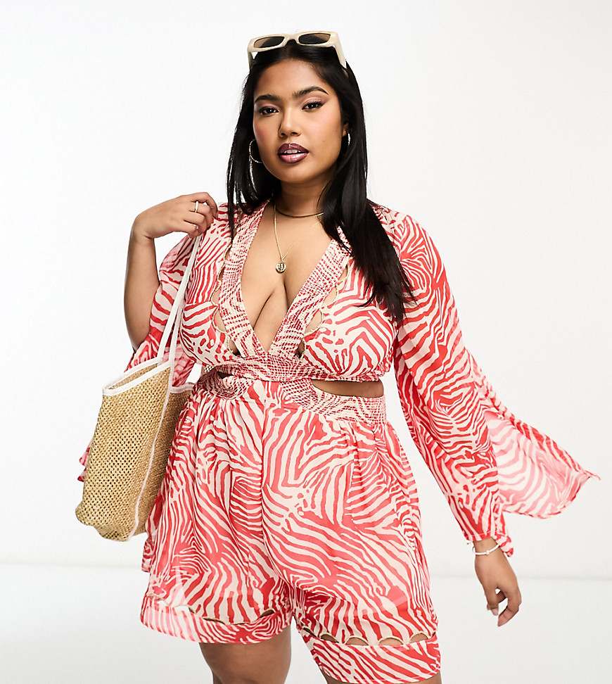 River Island Plus beach playsuit with floaty sleeves in red zebra print