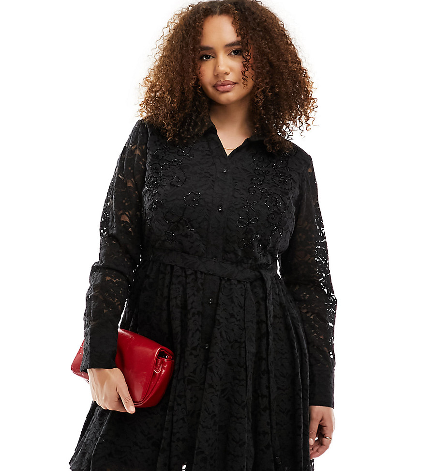 River Island Plus beaded lace shirt dress in black