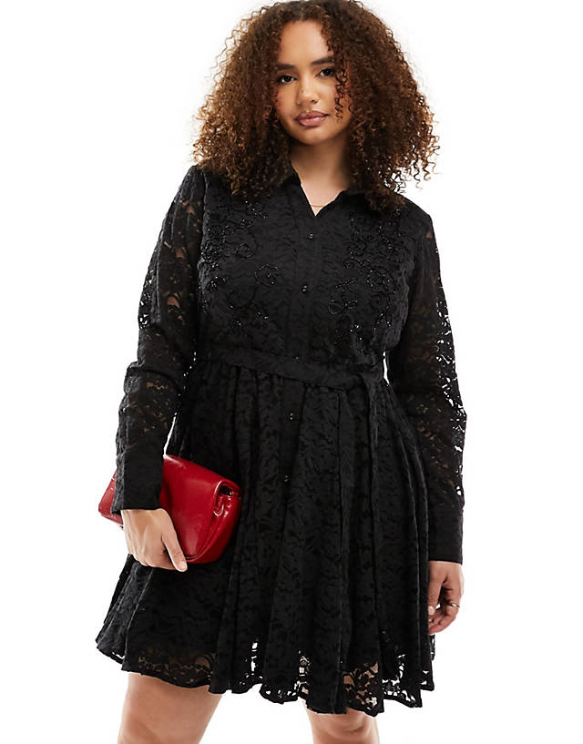 River Island Plus - beaded lace shirt dress in black