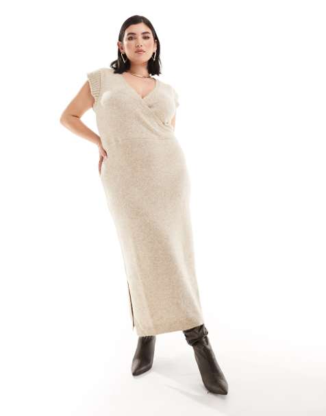 River Island Plus – Beige stickad midiklänning med omlottdesign - view 1