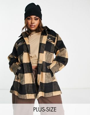River Island Plus belted check shacket in brown