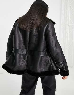 black belted faux fur aviator jacket