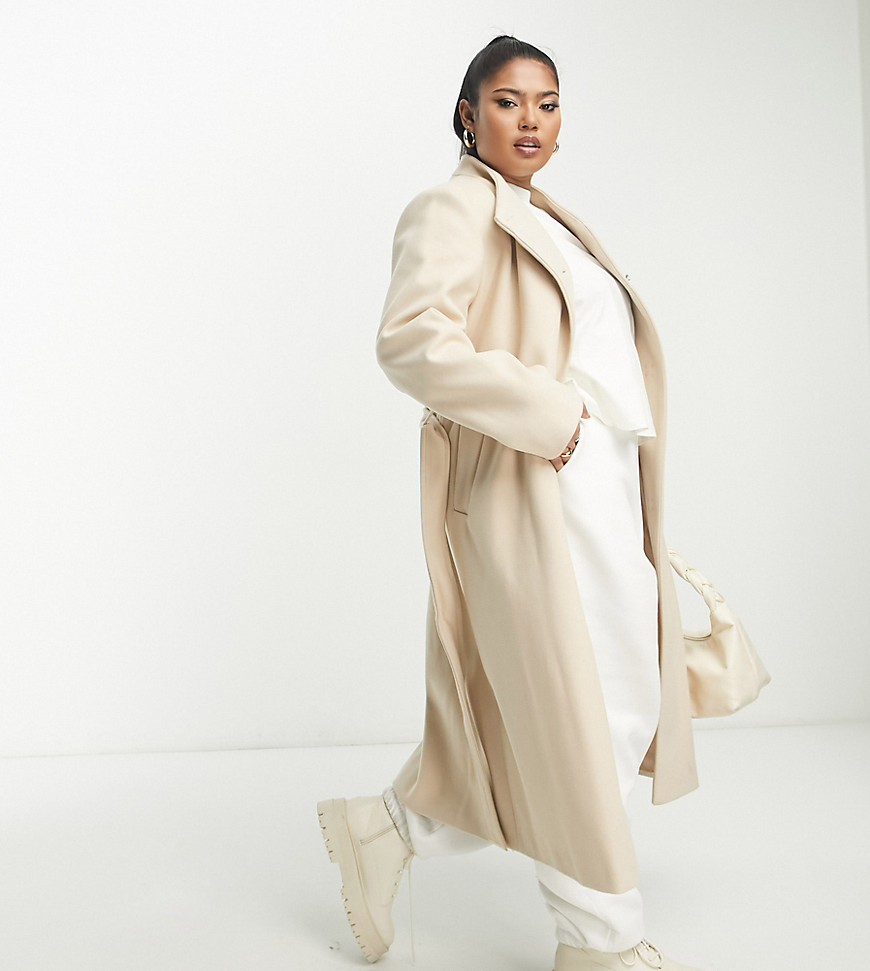 River Island Plus belted funnel neck coat in cream-Brown