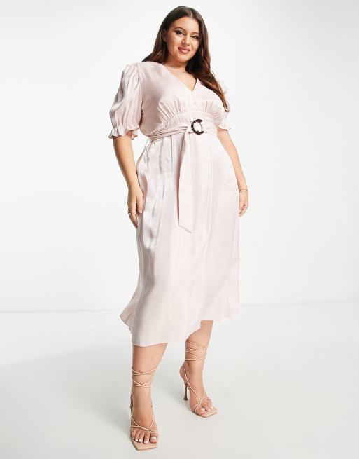 River Island belted midi dress with puff sleeves in light pink