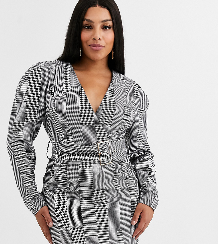 River Island Plus belted mini dress with puff sleeves in black check-Grey