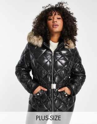 River Island monogram padded belted jacket with faux fur hood in brown