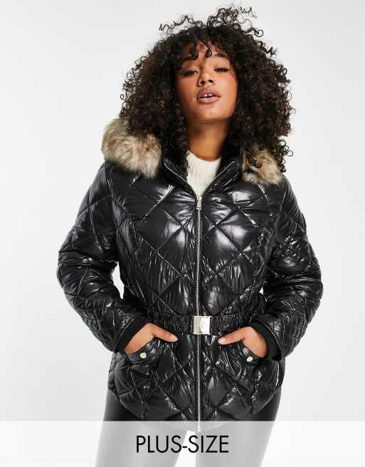 River Island Plus belted short padded jacket in black | ASOS