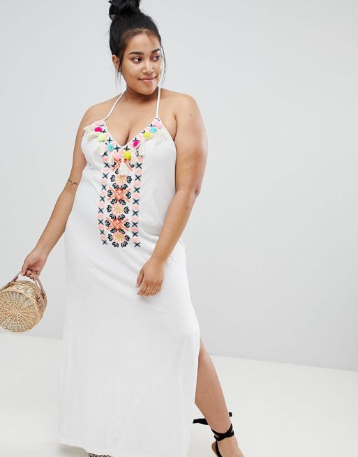 River Island – Plus – Biała plażowa sukienka maxi z pomponami | ASOS