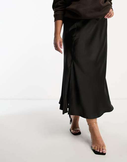River Island Plus bias cut midi skirt in black ASOS