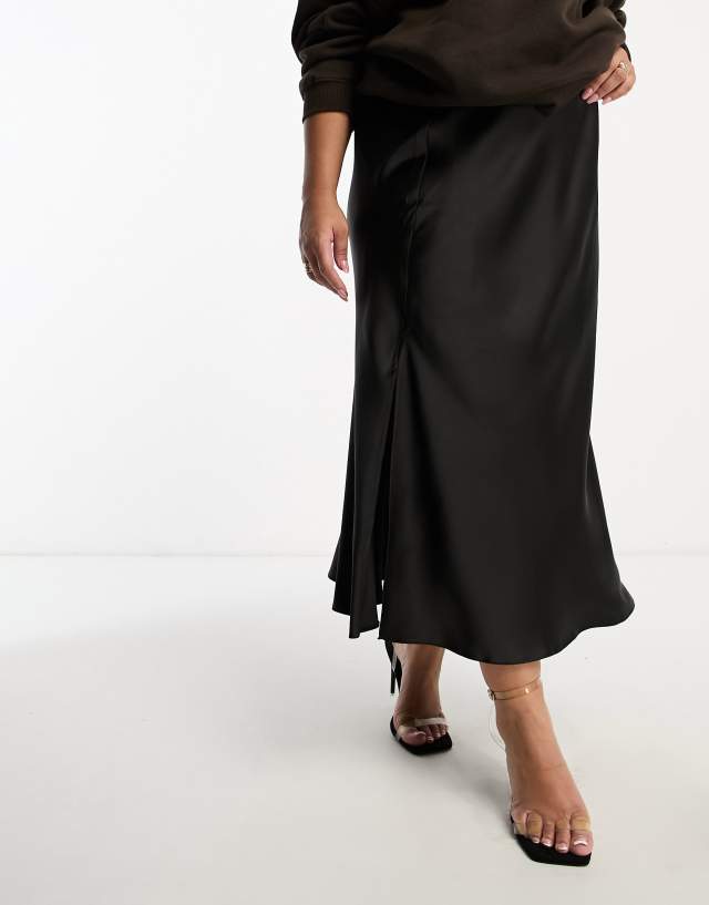 River Island Plus bias cut midi skirt in black