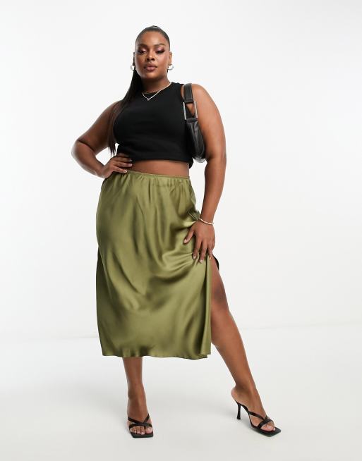 River Island Plus bias cut midi skirt in khaki ASOS