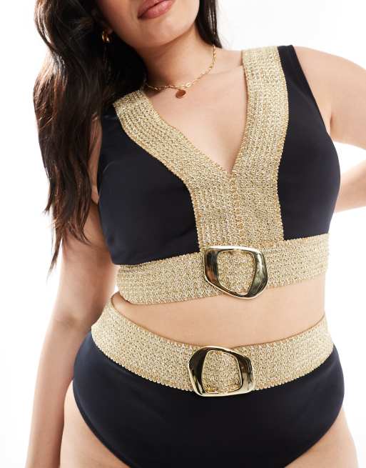 River Island Plus bikini set with buckle detail in gold and black, 2 of 4