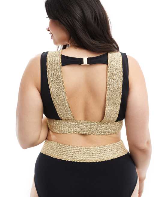River Island Plus bikini set with buckle detail in gold and black, 4 of 4