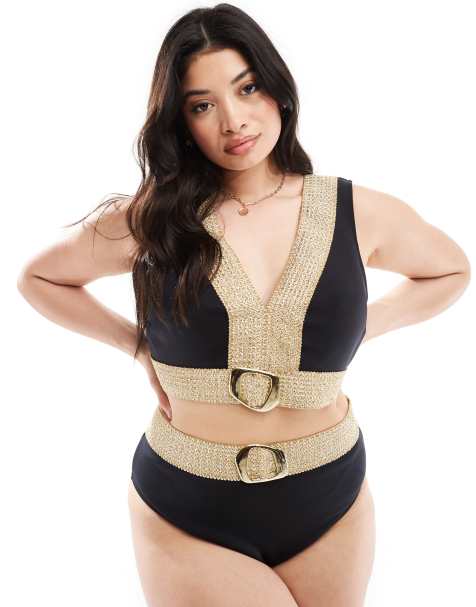 River Island Plus bikini top with buckle detail in gold and black - view 1