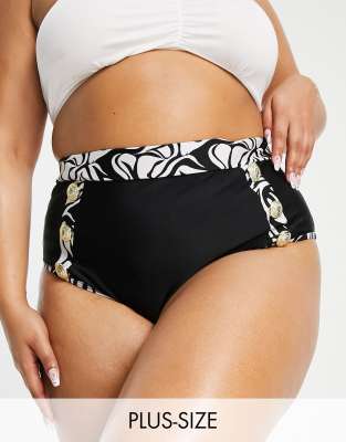 River Island Plus - Bikinihose in Schwarz mit Knopfdetail und Zebramuster