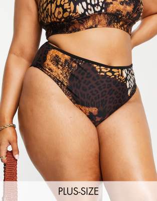 River Island Plus - Bikiniunterteil in Braun mit verschiedenen Animalprints-Schwarz