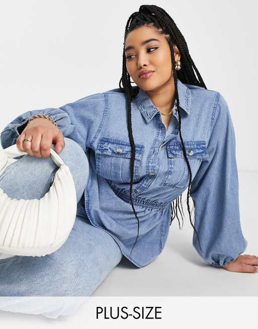 River Island Plus – Blå cargoskjorta i chambray-tyg