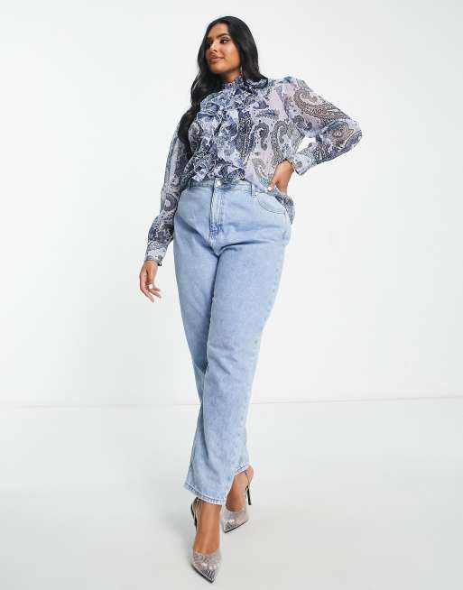 River Island Plus – Blå paisleymönstrad blus med volang framtill, 3 av 4