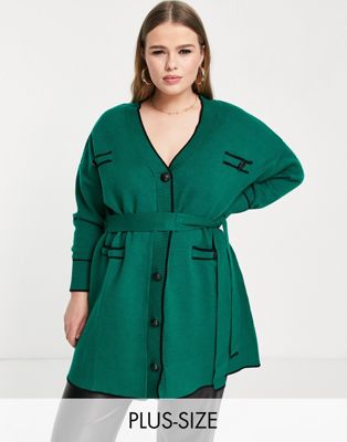 River Island Plus black tipped belter cardigan in green