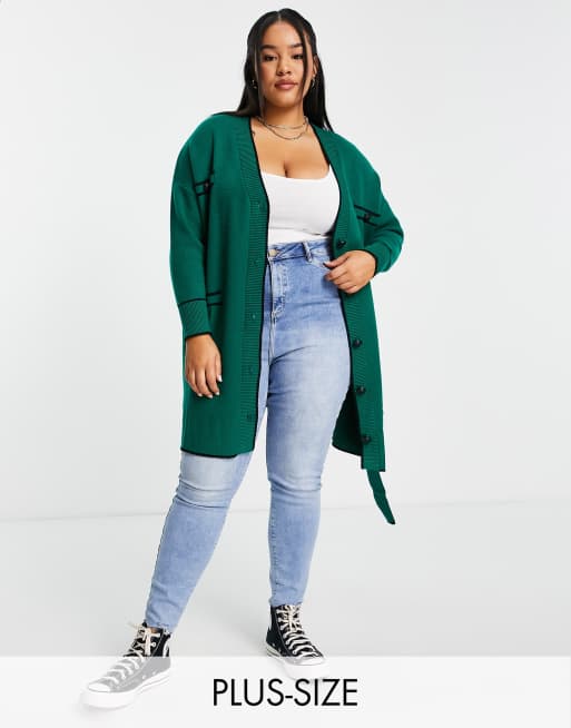 River Island Plus black tipped belted cardigan in green | ASOS